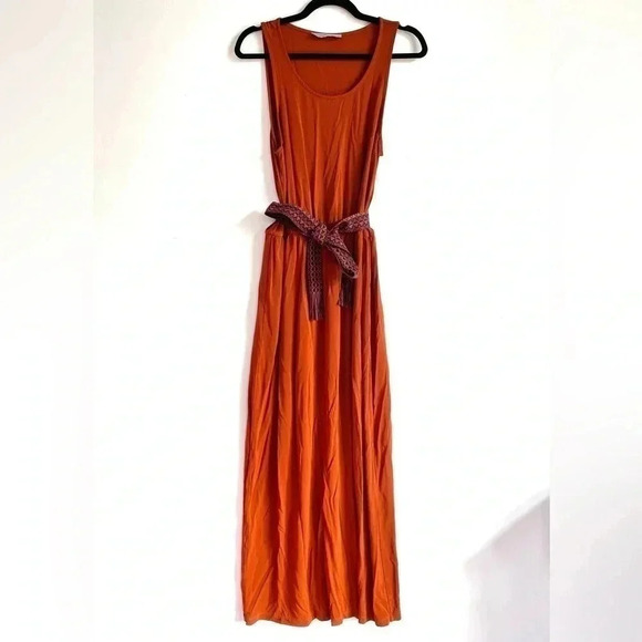 MARELLA Maxi Dress Burnt Orange Sleeveless Side Slit Belted Summer Sundress S - Picture 4 of 12